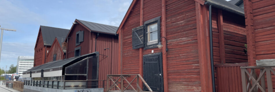a vintage granary building, part of Oulu's recently-renovated waterfront